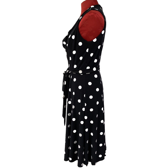 Lauren Ralph Lauren Black White Polka Dot Cocktail Dress Sleeveless 10 Waist Tie - Picture 3 of 10
